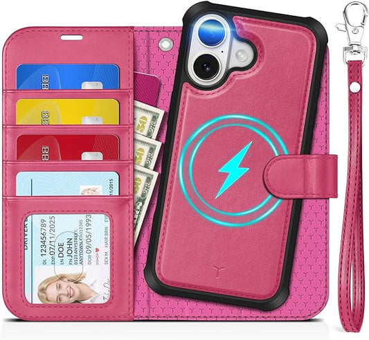 TUCCH 2-in-1 Removable Wallet Case for iPhone 17 (6.3-inch) 2025, Wireless Charging | RFID Blocking 4 Card Slots | Wrist Strap | Kickstand | Magnetic | PU Leather | Protective Flip Cover | Hot Pink