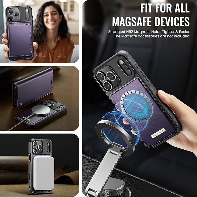 PlusnapX Wallet Case for iPhone 17 Pro Max Compatible with Magsafe, 2-in-1 PU Leather Flip RFID Blocking Card Holder Stand Shockproof Magnetic Detachable Cover for iPhone 17 Pro Max, Fashion Purple