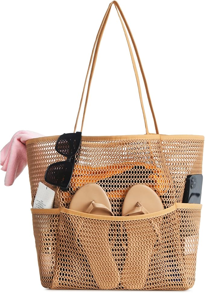 Iioscre Mesh Beach Tote Bags for Womens, Causal Hobo Pool Bags for Swimming Pools Vacations Beach Essentials