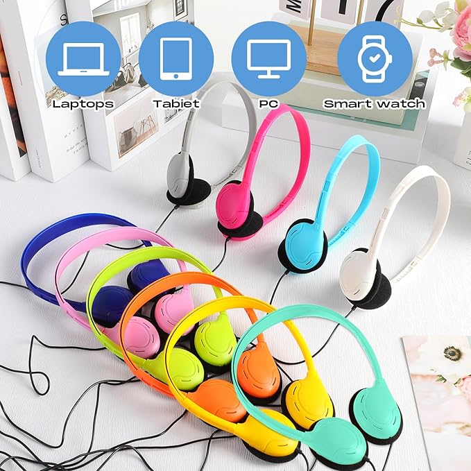 Yunsailing 10 Pack Bulk Over Ear Headphones Set On Ear Headsets Earphones with Adjustable Headband and 3.5mm Plug for Group Learning, Computer Lab, Library, Online Lesson (Macaron 10 Color)