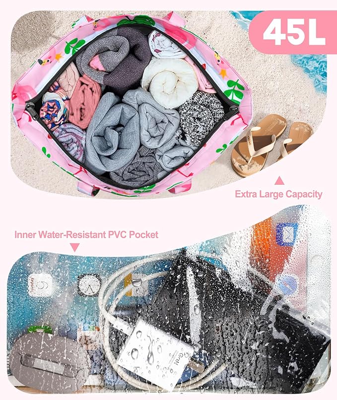 Extra Large Beach Bag Waterproof Beach Totes Bags for Women, Lightweight Foldable Pool Bag with Zipper Wet Compartment