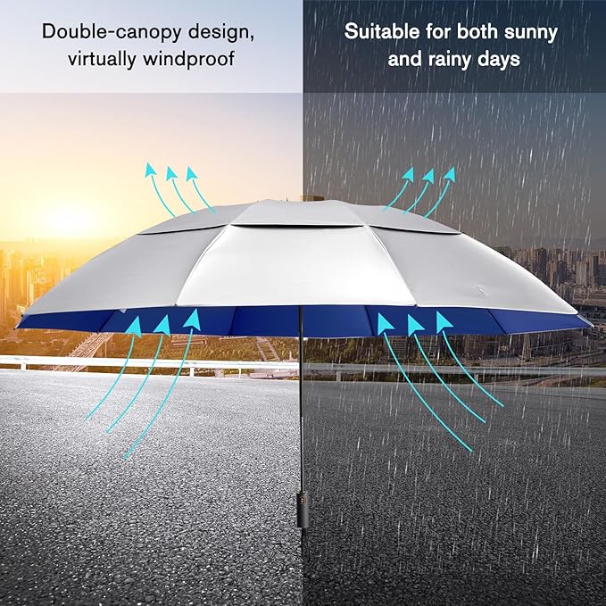 Prospo 46/62 Inch Large Travel Umbrellas for Rain Windproof, 10 Ribs Compact Reverse Folding Golf Umbrella, Double Canopy Automatic Open Close