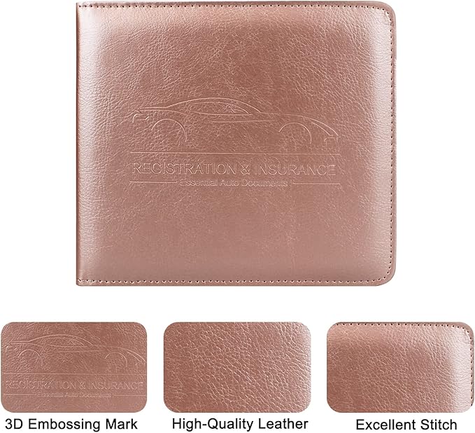 Car Registration and Insurance Holder, Leather Registration and Insurance Card Holder, Vehicle Glove Box Organizer - For Documents, Cards, License (Rosegold)