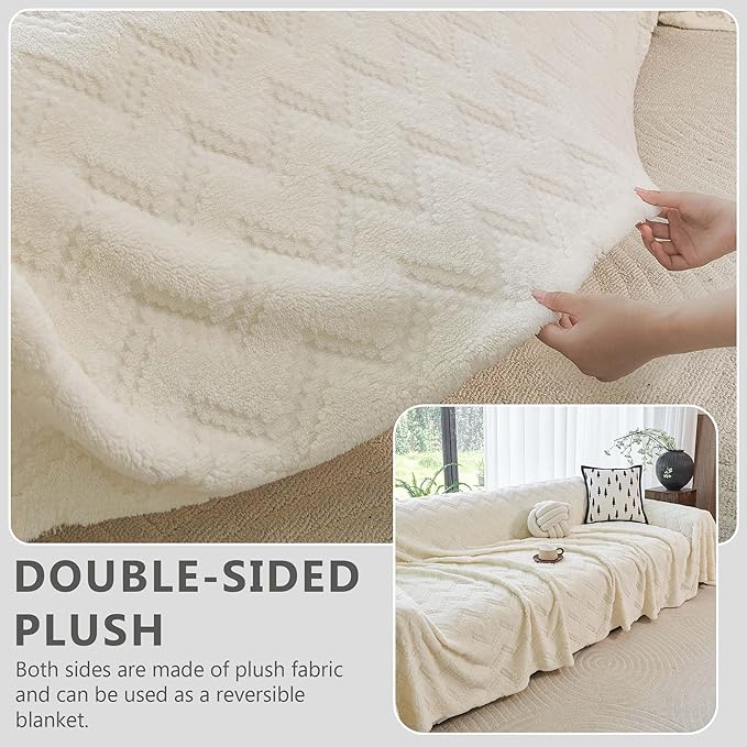 Sherpa Fleece Couch Cover for 3 Cushion Sofa, Beige, 71" x 150" - Pet Proof Sofa Covers Heavy Duty Scratch Resistant Pet Friendly Furniture Cover - Easy Install, Machine Washable