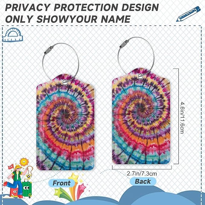 Abstract Tie Dye Colorful Rainbow Luggage Tag for Suitcase 2 Pcs Unique Leather Suitcase Tags with Full Privacy Cover Stainless Steel Loop for Women Men Travel Baggage Bag Backpack