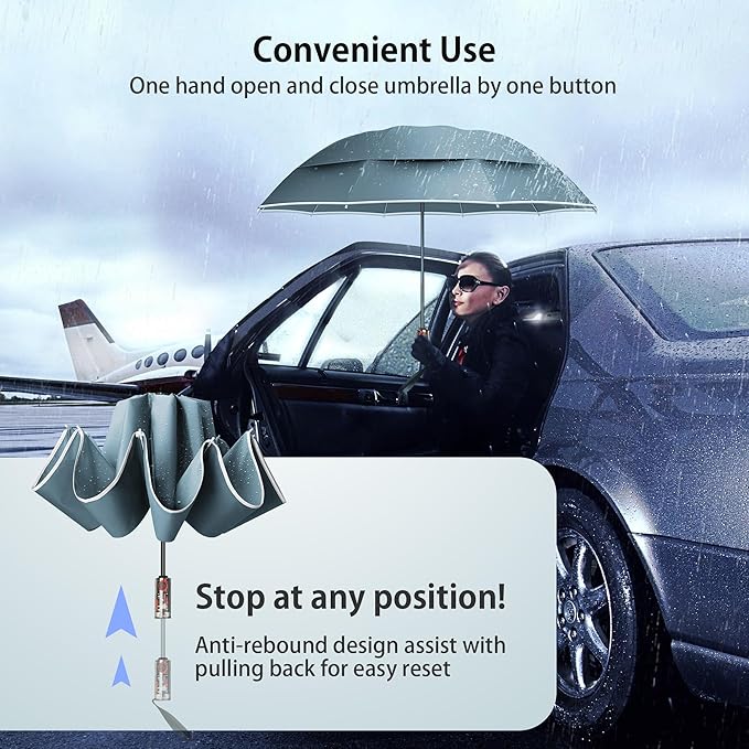 Urvoix Compact Golf Umbrellas Windproof, Travel Umbrella for Rain, 10 Ribs Aluminum Alloy & Fiberglass w/Reflective Stripe, Double Canopy Automatic Anti-bounce Close