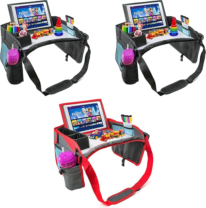 3 PK - Kids Car Seat Activity Tray | Inspire Active Toddlers & Big Kids for Years! Dry-Erase White Board & Eating Snack Travel Tray with No-Drop Tablet iPad Holder Stand & Art Supplies Storage Pocket