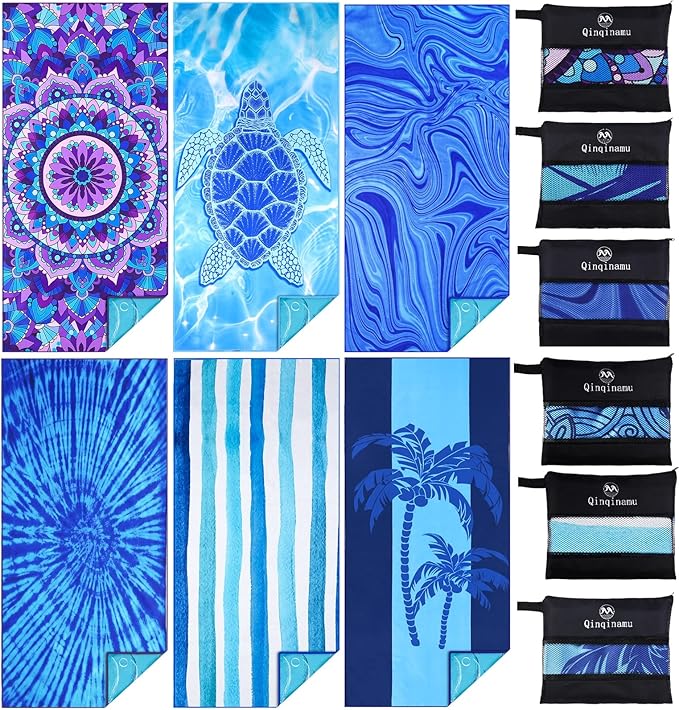 6 Pack Microfiber Thin Lightweight Beach Towel Oversized 71x32 Extra Large Sand Free Towels for Travel Swim Pool Yoga Gym Camping for Adults Women Men Beach Essentials Accessories Vacation Gift