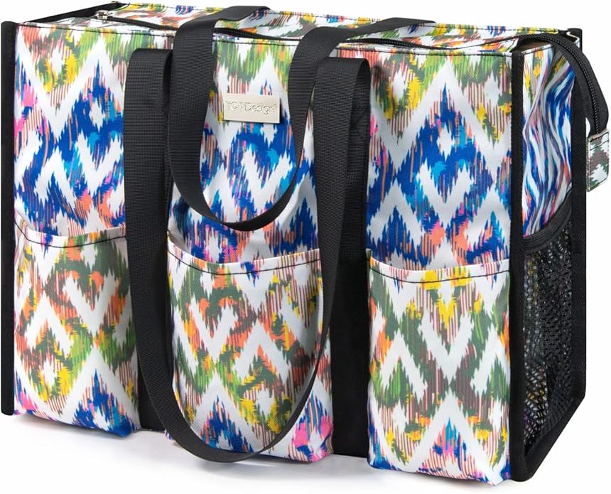 TOPDesign Utility Water Resistant Tote Bag with 13 Pockets, Top Zipper Closure & Thick Bottom Support, for Working Women