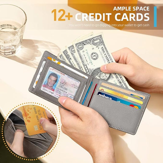 RUNBOX Wallet for Men Slim 11 Credit Card Holder Slots Leather RFID Blocking Small Thin Men's Wallet Bifold Minimalist Front Pocket Large Capacity Gift Box