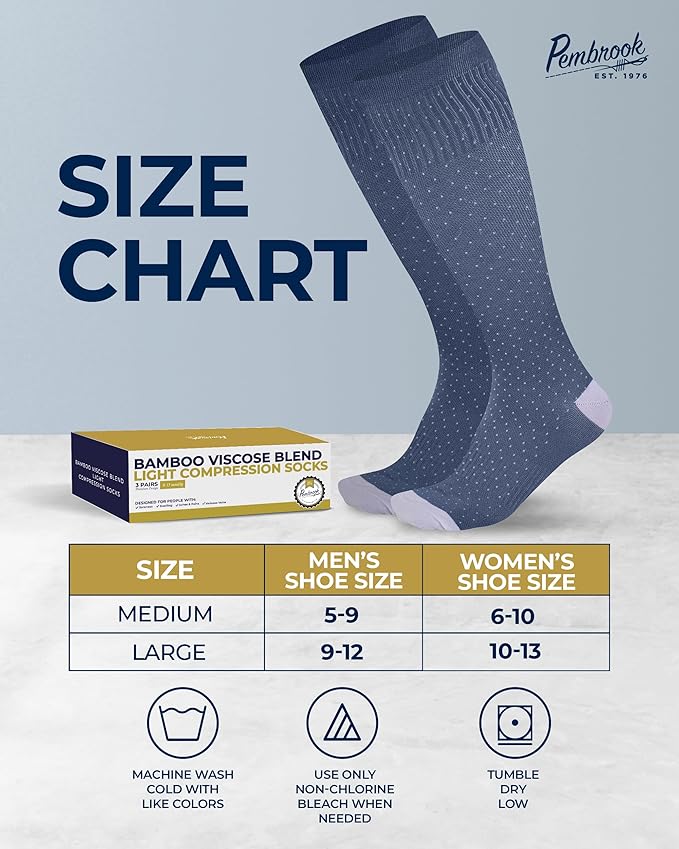 Pembrook Bamboo Viscose Light Compression Socks - 3 Pairs | 8-15 mmhg Compression Socks | Knee High Comfort Support Socks