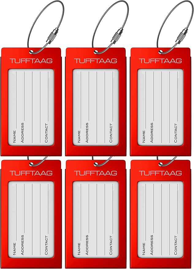 Luggage Tags Business Card Holder - 6 Pack Scarlet Metal Tags for Suitcases, Backpacks, and Carry-Ons