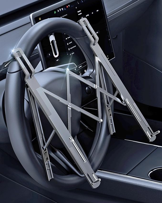 Steering Wheel Laptop Holder for Car SUV Pickup Truck Tesla Vehicle Workstation, Adjustable Foldable Portable iPad Tablet Laptop Stand for Desk, Tiktok Car Travel Essentials 2025 -Gray