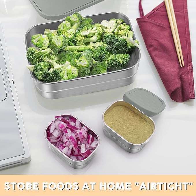 3 CUP+1 CUP Stainless Steel Lunch Snack Containers Set | Leak Proof 304 Stainless Steel Food Containers with Silicone Lids - Perfect Metal Lunch Box for School and Daycare (25oz+8oz*2)