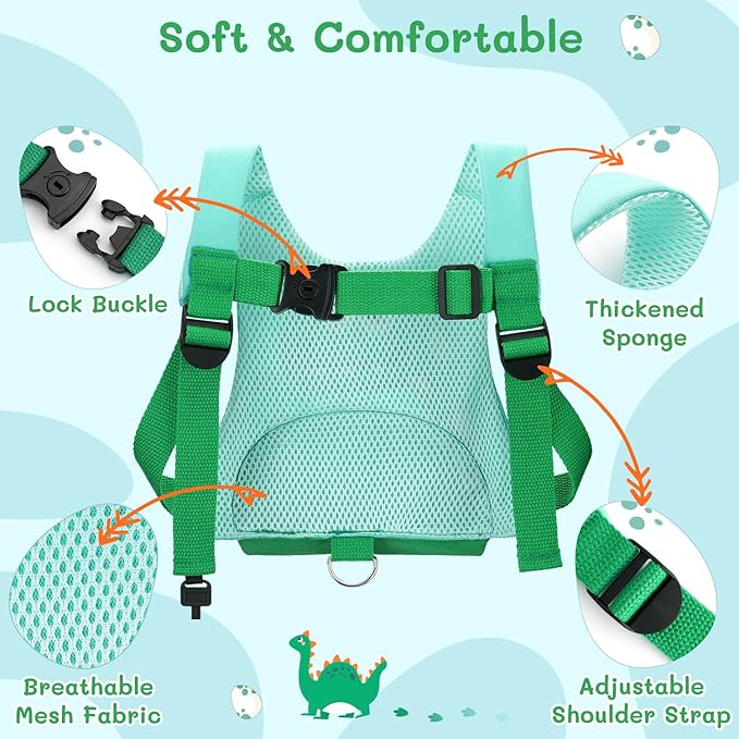 3 in 1 Toddler Harness Leash + 8.2ft Anti Lost Wrist Link, Cute Dinosaur Kids Safety Harness Tether with Key Lock, Child Protective Leashes While Walking for Outdoor Activity Keep Kids Close