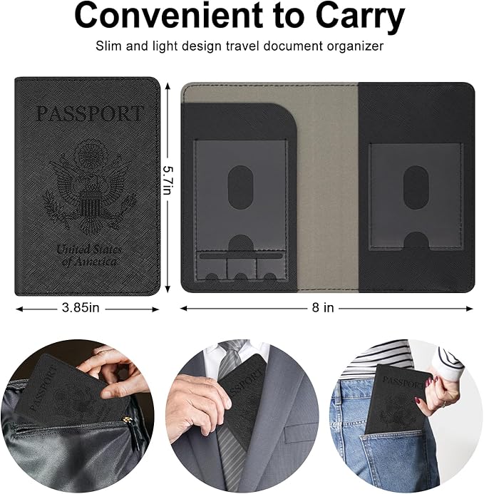 RSAquar Passport and Vaccine Card Holder Combo, Passport Holder Cover Wallet, Leather Card Case Travel Accessories with RFID Blocking for Women and Men, Y-Black