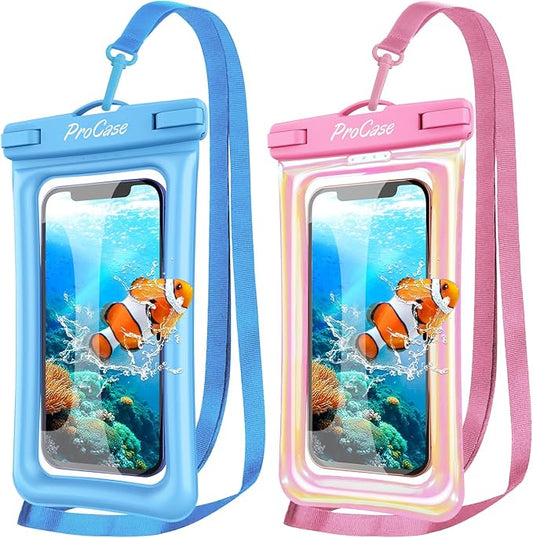 ProCase 2 Pack Floating Waterproof Phone Pouch Up to 7", IPX8 Floatable Underwater Phone Case Dry Bag for iPhone 17/Air 16 15 14 13 12 11 Pro Max Xs Max XR X 8 7 Plus SE/Galaxy S24 S23 S22 - PinkBlue