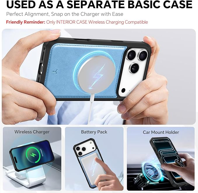 TUCCH Removable Case Wallet for iPhone 17 Pro Max 6.9", Detachable Wrist Strap, Wireless Charging, Stand, 4 Card Holders RFID Blocking, 2-in-1 Magnetic, PU Leather Shockproof Cover, Pearly Light Blue