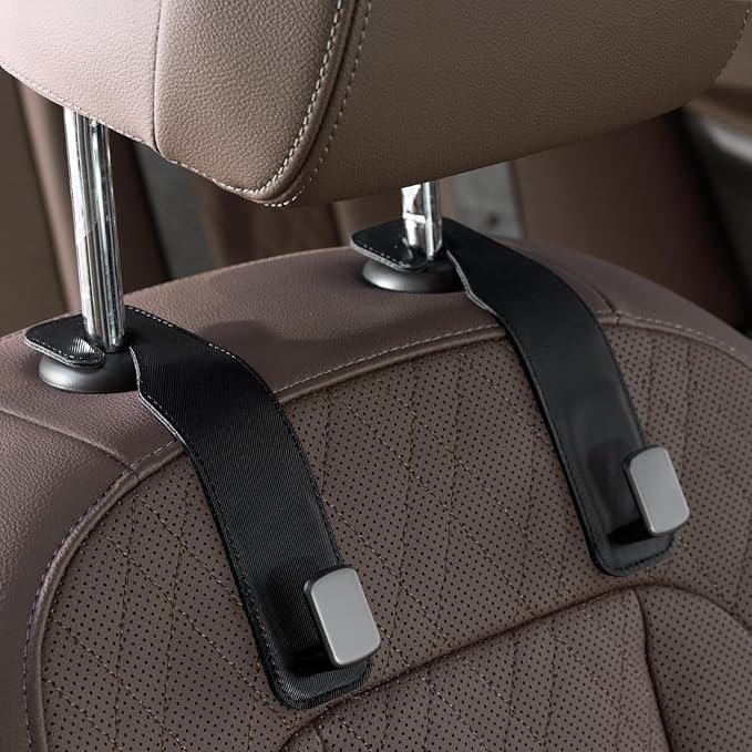 CoBak Headrest Hooks for Car - Universal Premium Stitched Leather and Aluminum-Magnesium Alloy Single Car Seat Back Storage Hook for Purses, Handbags, Bags (2 Pack), Black Texture
