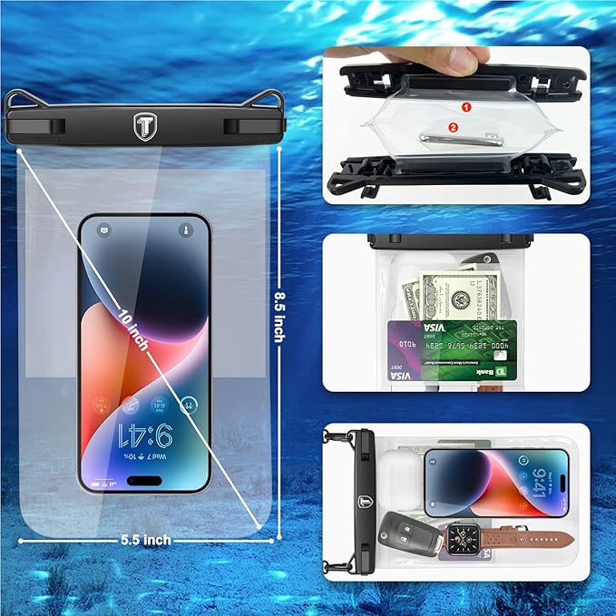 [Up to 10"] Tekcoo Large Capacity Waterproof Phone Case IPX8 [2-Pack] Clear Pouch Lanyard Vacation Dry Bag for iPhone 17/16/15/14/13/12 Pro Max/Pro/Air/SE, Galaxy S25/S24 FE/S23/S22/A17/A15/A14/A36