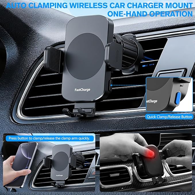 Car Phone Holder, MOYAC Wireless Auto-Clamping Car Mount with Metal Hook Clip, 360° Rotation, One Button Quick Release, Air Vent Cell Phone Car Mount for iPhone/Galaxy/Google/LG and All Smartphone,15W