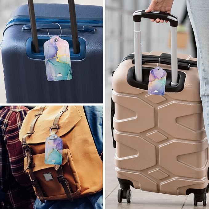 Rimilak 3 Pcs PU Leather Luggage Tags for Suitcase, Travel Cruise Luggage Tag with Privacy Flap, Name ID Label and Metal Loop for Women Men Baggage Handbag School Bag Backpack, Purple Marble