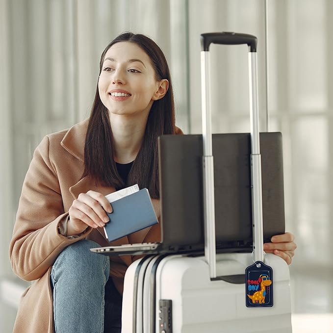 2 Pack Luggage Tags for Suitcase Cartoon Cool Dinosaur Leather Stainless Steel Loop Label Tags for Women Men Travel Bag Suitcase with Privacy Cover Name ID Card