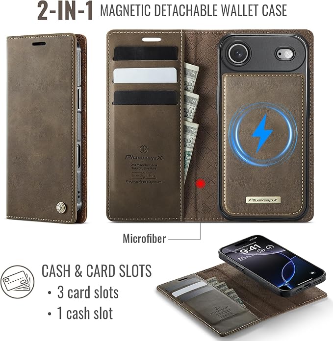 PlusnapX Wallet Case for iPhone Air Compatible with Magsafe, 2-in-1 PU Leather Flip RFID Blocking Card Holder Stand ShockAirof Magnetic Detachable Cover for iPhone 17 Air Case 6.5", Brown