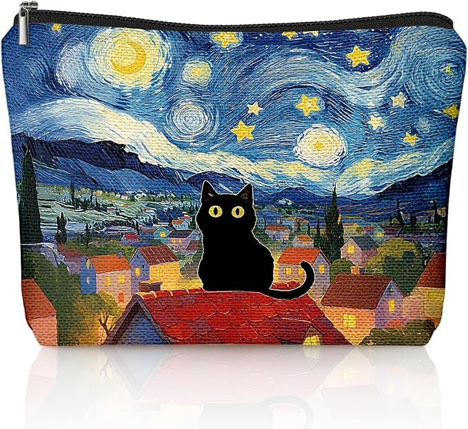 Black Cat Makeup Bag, Black Cat Mom Lovers Lady Gifts Cosmetic Bag for Women, Pet Lover Gifts, Celestial Starry Night Kitten Small Toiletry Bags Zipper Makeup Pouch