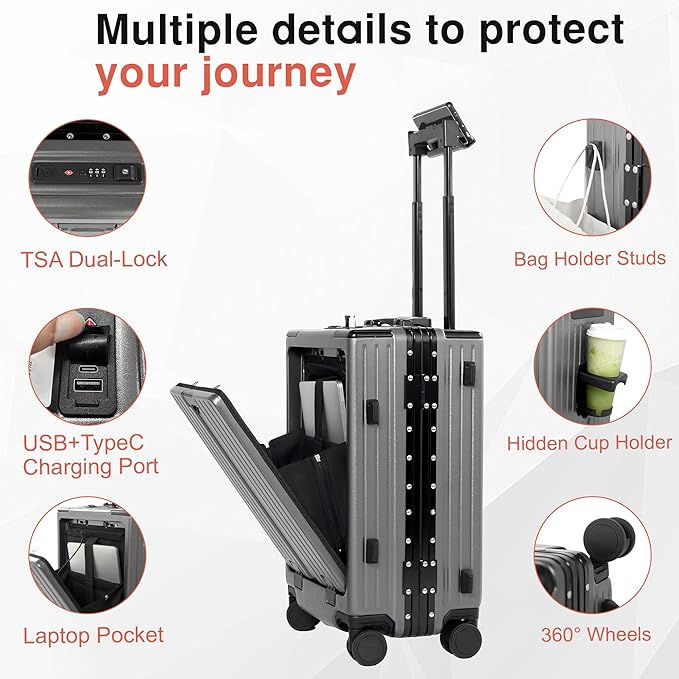 Carry On Luggage 22x14x9 Airline Approved Aluminum Frame, 20 Inch Hard Shell Carry On Luggage, Suitcase Carry-on Zipperless Luggage, TSA Approved (Grey)