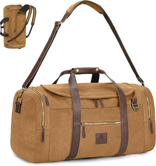 60L Travel Bags for Men, Nomad Canvas Duffle Bag Vintage Genuine Leather Travel Duffel Bag Multifunctional Weekender Overnight Backpack with Shoes Compartment (Coffee, X Large-60L)