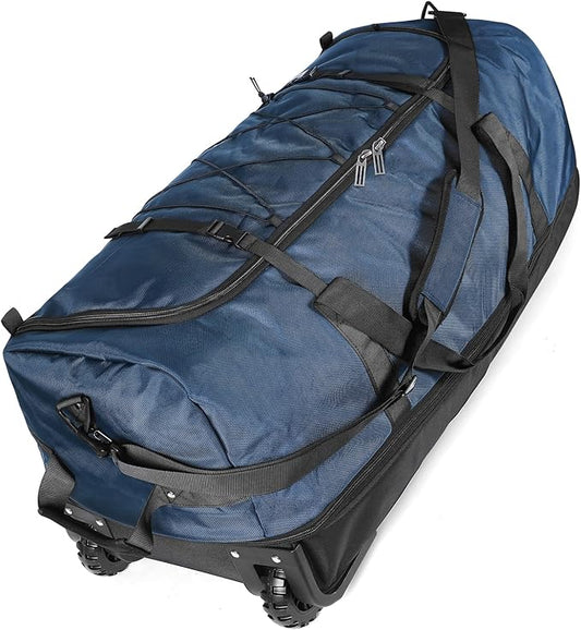 110L Expandable to 140L 32” Foldable Oxford Soft-Sided Rolling Duffle Bag with 2 Heavy-Duty Wheels,3 Large Compartments,Adjustable Shoulder Strap and Attached Organizer Pouch,Navy Blue