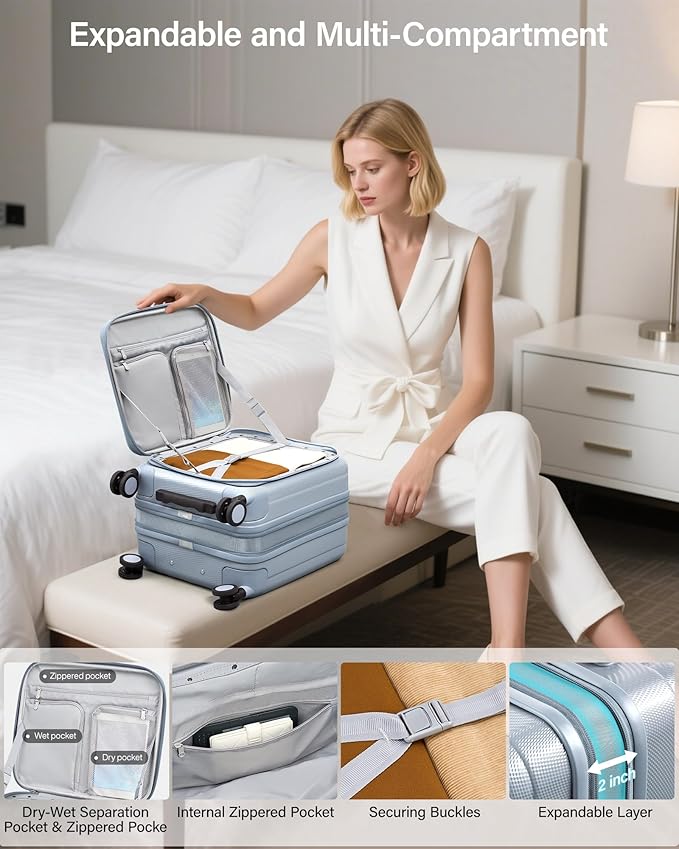 Hanke 16 Inch Expandable Under Seat Luggage with Wheels Top Opening Small Suitcase with Wheels Carry On Luggage Airline Approved Lightweight Hard Shell Suitcases for Weekender Overnight-Grey