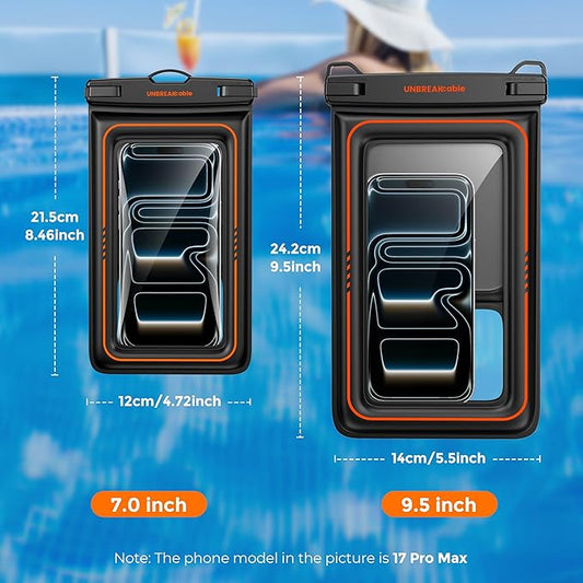 UNBREAKcable [UP to 9.5"]XL Size EXTRA Large Waterproof Phone Pouch Floating IPX8 Phone Case Dry Bag for iPhone 17 Air 16 15 14 Pro Max Samsung S25 Ultra, Travel Kayaking Beach Essentials - 2 Pack