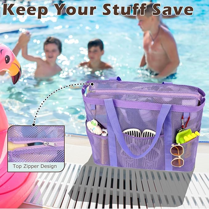 Mesh Beach Bag, Large Beach Tote with Zipper Pocket for Family Pool Bag for Toys & Vacation Essentials