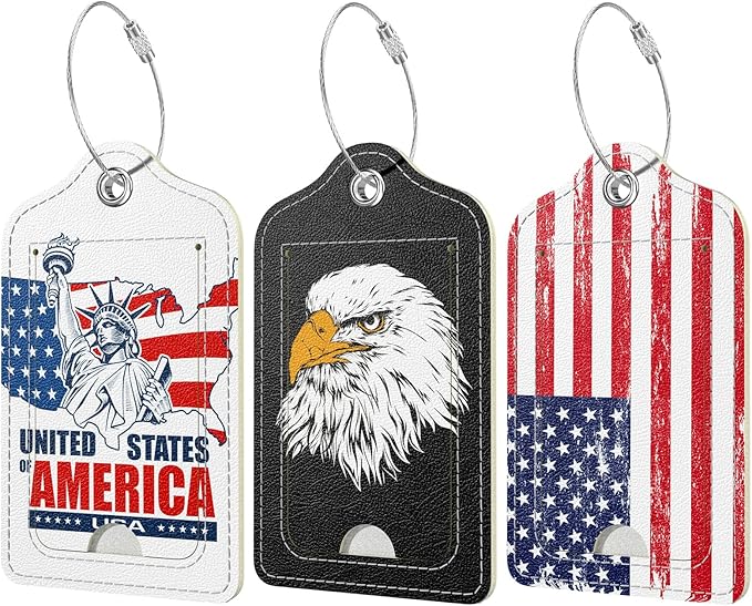Rimilak 3 Pcs PU Leather Luggage Tags for Suitcase, Travel Cruise Luggage Tag with Privacy Flap, Name ID Label and Metal Loop for Women Men Baggage Handbag School Bag Backpack, USA