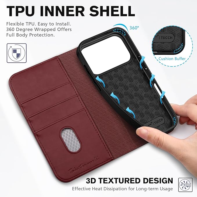 TUCCH Wallet Case for iPhone 17 Pro (6.3") 2025, 3 Credit Card Slot | RFID Blocking | Stand | PU Leather | Protective Flip Folio Cover | Shockproof TPU Interior Shell | Deep Red