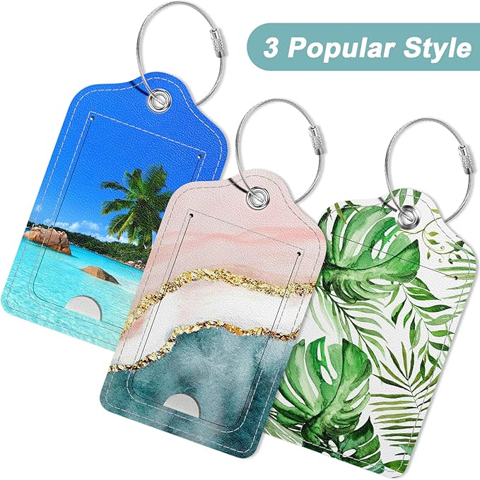 Rimilak 3 Pcs PU Leather Luggage Tags for Suitcase, Travel Cruise Luggage Tag with Privacy Flap, Name ID Label and Metal Loop for Women Men Baggage Handbag School Bag Backpack, Beach