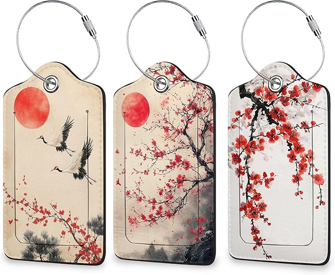 Plum Blossom Luggage Tags for Suitcase 3 Pack, Privacy Cover ID Label with Stainless Steel Loop and Address Card for Travel Bag Suitcase