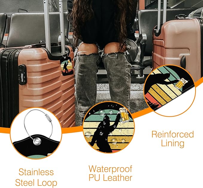 Sasquatch Luggage Tag for Suitcase 2 Pack Leather Luggage Tag with Privacy Flap Name ID Label and Metal Loop for Women Men Travel