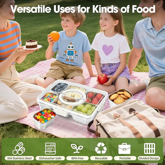Snackle Box Container, Divided Serving Tray with Lid and Handle, Portable Snack Box with 304 Stainless Steel Container, 6 Compartments Snak Platter for Veggie, Fruit, Perfect for Party Picnic Office