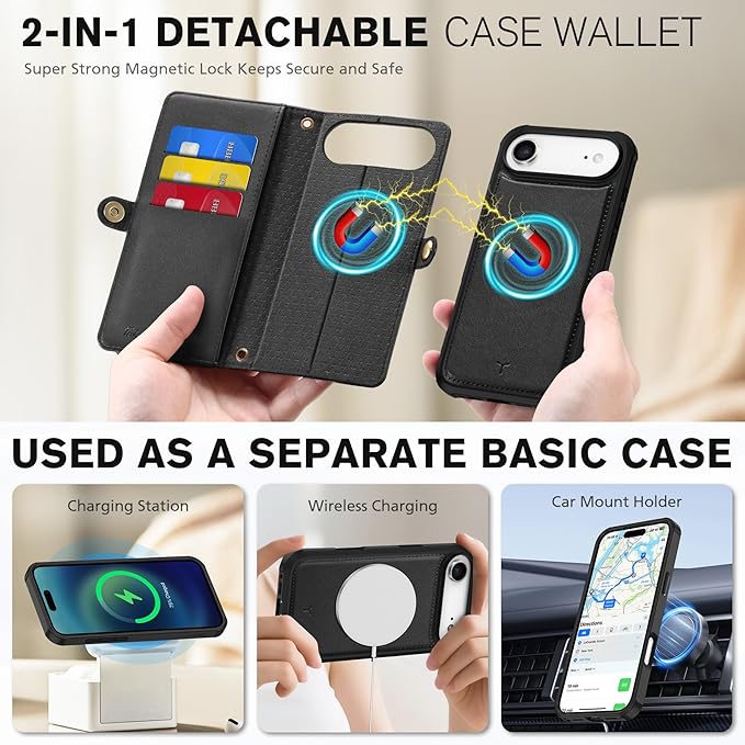 TUCCH Crossbody Detachable Wallet Case for iPhone Air 6.5" 2025, 9 Card Slots RFID Blocking | Wireless Charging | Wrist Strap | Lanyard | Stand | Zipper Pocket | PU Leather Shockproof Cover | Black