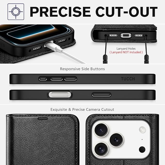 TUCCH Case Wallet for iPhone 17 Pro (6.3-Inch) 2025, RFID Blocking 4 Card Slots, Kickstand, Magnetic Closure, PU Leather, Shockproof TPU Shell, Protective Flip Folio Cover, Textured Black