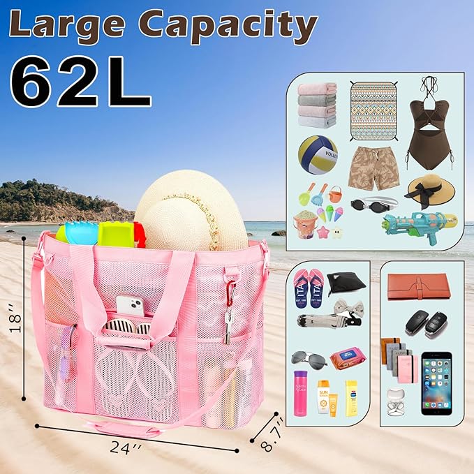 Mesh Beach Bag, Large Beach Tote with Zipper Pocket for Family Pool Bag for Toys & Vacation Essentials