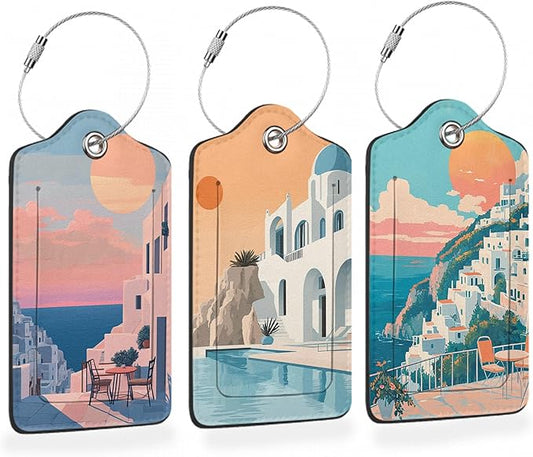 Vintage Sunset Light 3 PCS Luggage Tags, Sunset Seaside Town Leather Suitcase Tags with Privacy Cover Name Address Labels and Durable Steel Loop for Men/Women Travel Bag Suitcases