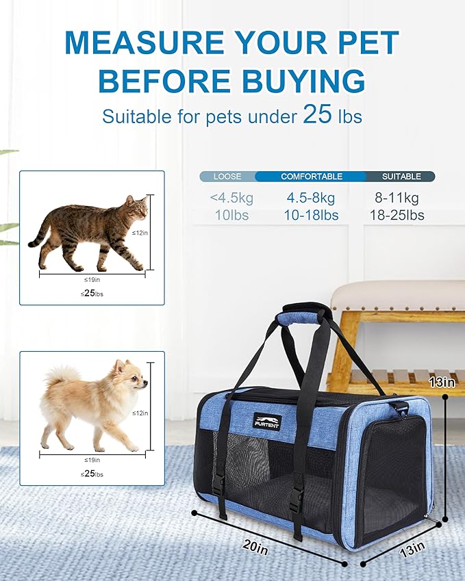 Soft-Sided Large Cat Carrier for 2 Cats, Spacious Foldable Pet Travel Carrier for Large Cats up to 25 Lbs, Double Cat Bag with Shoulder Strap, 20x13x13 Inch, Fits Maine Coon and Small Dogs, Blue