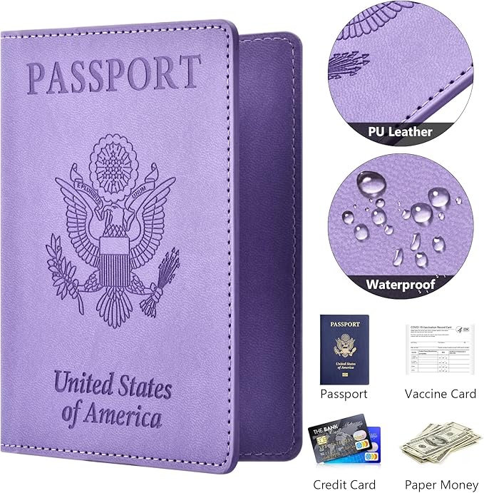 Passport and Vaccine Card Holder Cover Combo, Passport Case /Wallet with Vaccine Card Slot for Women and Men(AL-Purple)