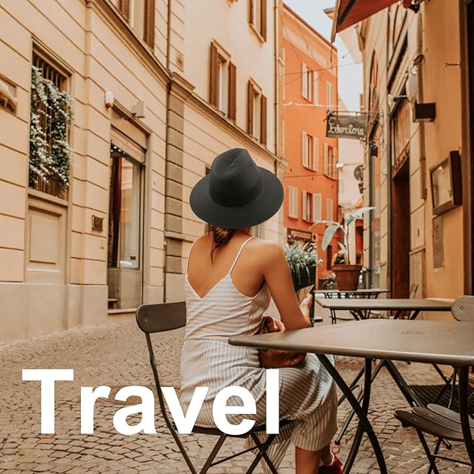 DRESHOW Women Straw Panama Hat Travel Fedora Beach Sun Hat Summer Wide Brim Straw Roll up Hat UPF 50+