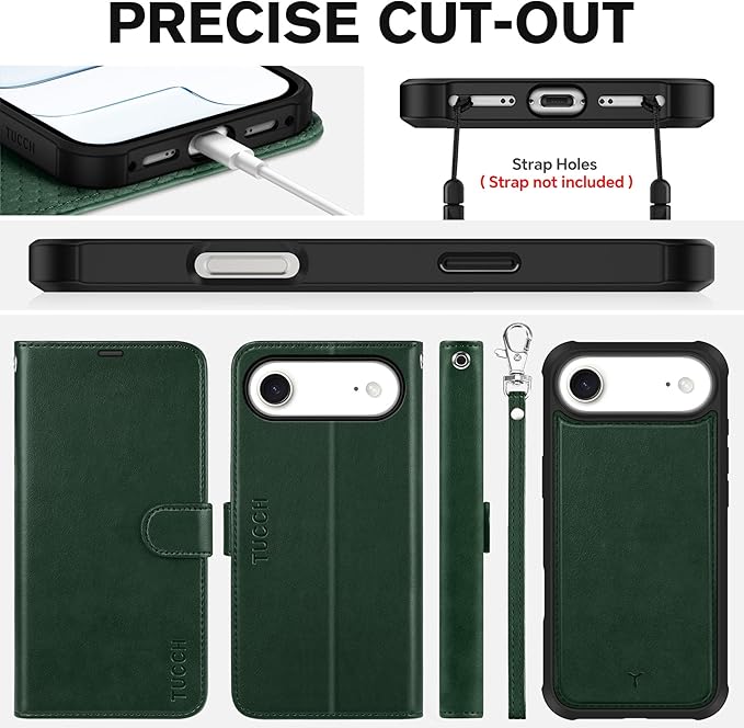TUCCH Detachable Case Wallet for iPhone Air (6.5") 2025, Removable Wrist Strap, Wireless Charging, Stand, 4 Card Slots RFID Blocking, 2-in-1 Magnetic, PU Leather, Shockproof Folio Cover, Evergreen