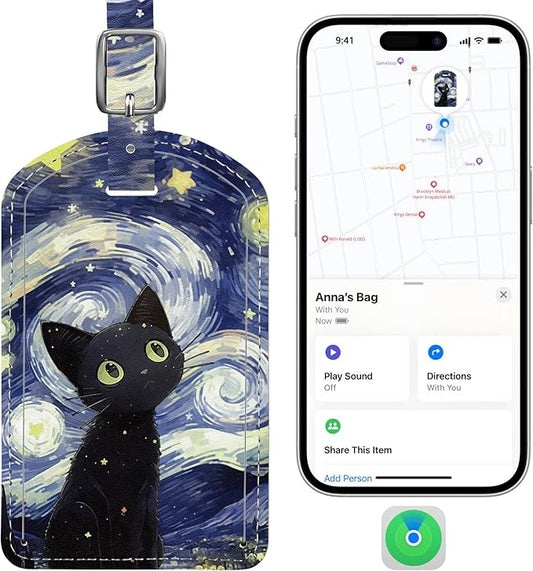 Luggage Tags Built-in Anti-Loss Tracker, Luxury Leather Luggage Tags for Suitcase, Travel Bags, Backpacks, Travel Organizer for Lost Baggage Prevention (Starry Cat)